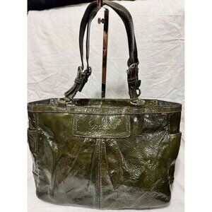 Coach Olive Green Patent Leather Tote With Adjustable Shoulder Strap & Side Buck